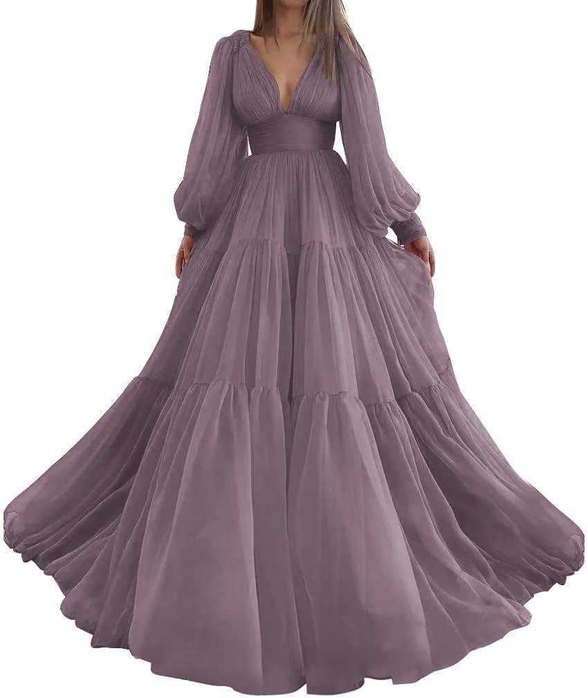 Langes Ballkleid mit Puffärmeln, Tüll, Ballkleid für Damen, Brautkleider, V-Ausschnitt, formelle Abendkleider