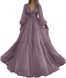 Langes Ballkleid mit Puffärmeln, Tüll, Ballkleid für Damen, Brautkleider, V-Ausschnitt, formelle Abendkleider