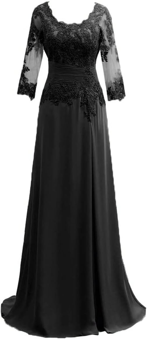 Women's Lace Appliqued Mother of The Bride Dresses 3/4 Sleeves Scoop Long Formal Evening Dress
