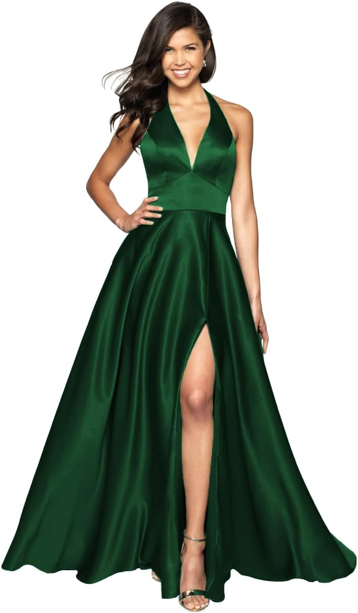 Womens Satin Prom Dresses Long with Slit Halter Evening Formal Gowns for Women with Pockets
