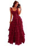 Tiered Prom Dresses with Bow Long A-Line Chiffon Formal Evening Dress for Women Spaghetti Straps Slit Ball Gown