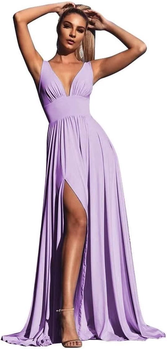 V-Ausschnitt Satin Brautjungfernkleider für Hochzeiten Geteilte Ballkleider Lange A-Linie Abendkleider für Damen 