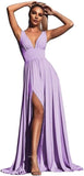 V-Ausschnitt Satin Brautjungfernkleider für Hochzeiten Geteilte Ballkleider Lange A-Linie Abendkleider für Damen 