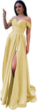Schulterfreies Satin-Ballkleid, herzförmiger Ausschnitt, formelles Kleid, A-Linie, Abendkleid mit Schlitz 