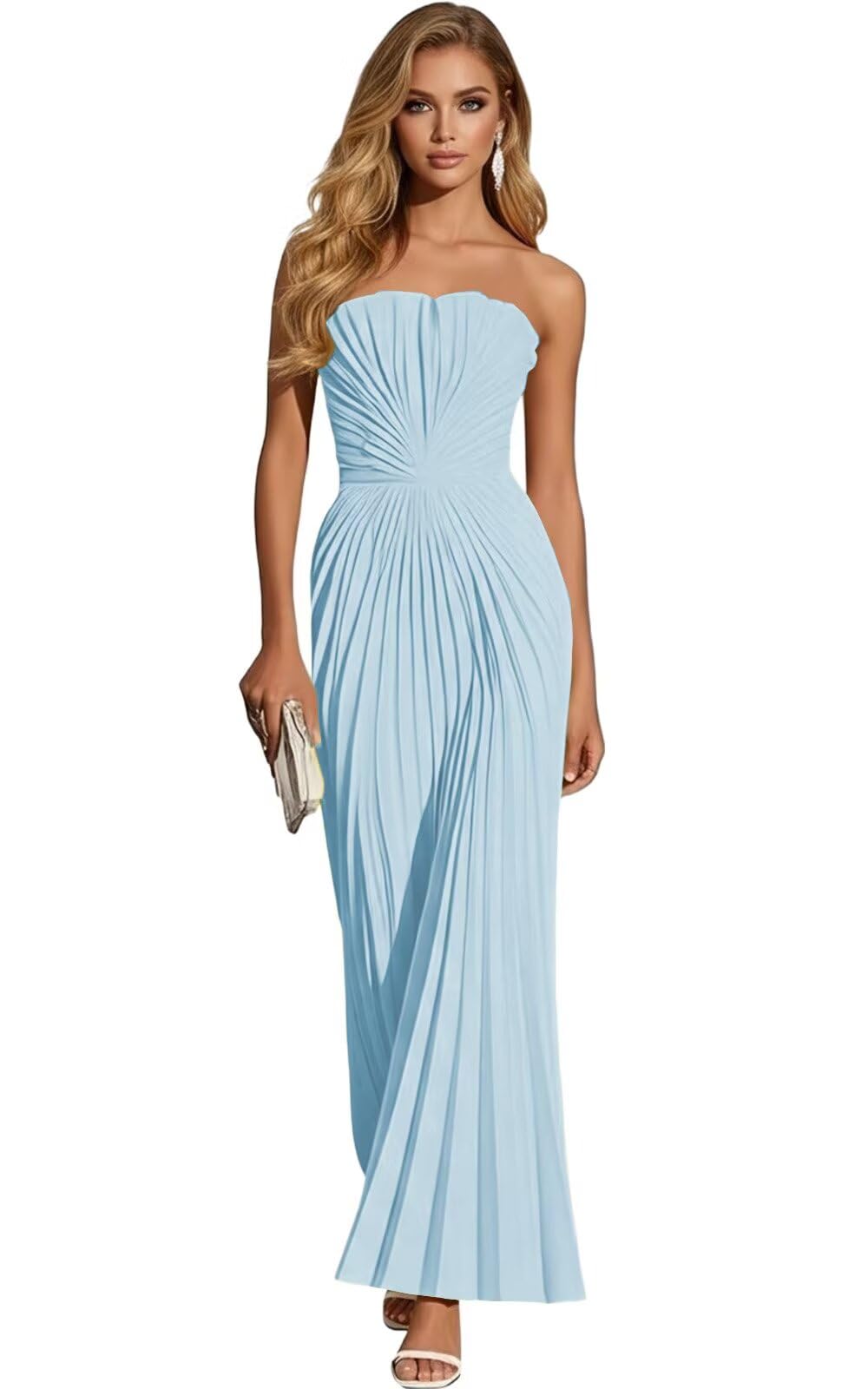 Women's Strapless Pleated Bridesmaid Dress Elegant Sweetheart Neck Formal Prom Gown for Wedding Guest