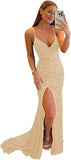 Women's Spaghetti Straps Sequin Prom Dresses Mermaid Sleeveless Double V-Neck Sparkle Evening Dress with Slit