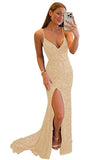 Women's Spaghetti Straps Sequin Prom Dresses Mermaid Sleeveless Double V-Neck Sparkle Evening Dress with Slit
