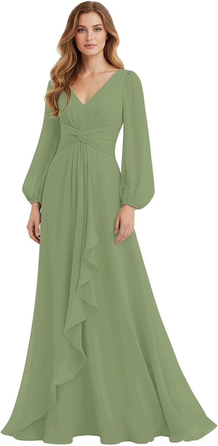 Women's Chiffon Bridesmaid Dresses Long Sleeve Ruffles V-Neck Pleated Formal Wedding Guest Dresses Mother of the bride Dress