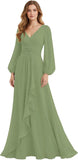 Women's Chiffon Bridesmaid Dresses Long Sleeve Ruffles V-Neck Pleated Formal Wedding Guest Dresses Mother of the bride Dress