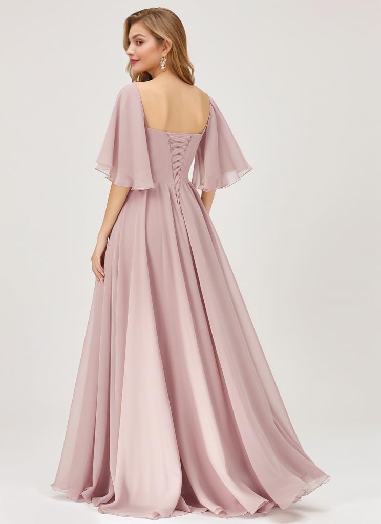 Women's Chiffon Bridesmaid Dresses for Wedding Flutter Sleeves Ruched A Line Long Formal Dress with Slit