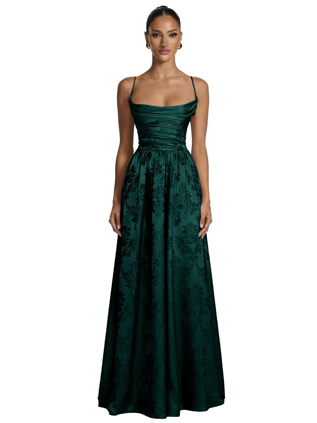 Floral Jacquard Prom Dresses for Women Spaghetti Straps A Line Satin Cowl Neck Formal Evening Party Dress