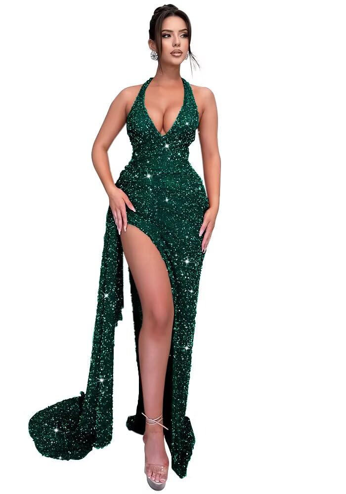 Sparkly Sequin Halter Prom Dresses for Women Mermaid Formal Dress with Slit Backless Ruched Evening Party Gowns