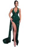 Sparkly Sequin Halter Prom Dresses for Women Mermaid Formal Dress with Slit Backless Ruched Evening Party Gowns