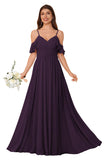 Women's Long Chiffon Bridesmaid Dresses Ruffle V Neck Formal Evening Prom Gown Spaghetti Strap Maxi Wedding Guest Dress