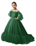 Puffy Sleeves Flower Girl Dress for Wedding Tulle Princess Pageant Dress Kids Prom Ball Gown with Belt