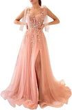 Appliques Tulle Lace Prom Dresses with Slit Spaghetti Straps Formal Evening Dress Sweetheart Ball Gowns