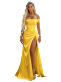 Off Shoulder Mermaid Prom Dresses with Slit 2027 Long Satin Pleated Formal Dress for Women Evening Party