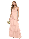 V Neck Chiffon Bridesmaid Dresses for Women 2027 Long Tiered A-Line Ruffles Formal Evening Party Dress