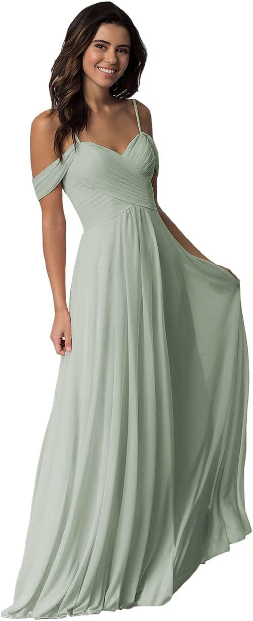 Schulterfreies Chiffon-Brautjungfernkleid mit Taschen für die Hochzeit 