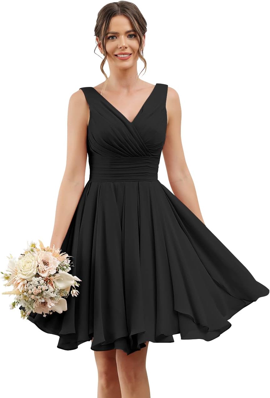 Double V Neck Short Bridesmaid Dresses for Women 2025 Chiffon A Line Formal Evening Gowns with Pockets