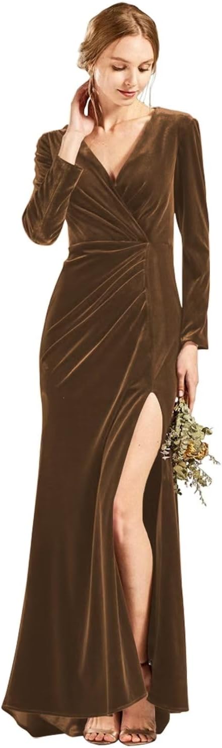 Langärmliges Brautjungfernkleid aus Samt mit Schlitz, V-Ausschnitt, Meerjungfrau-Stil, formelles Kleid für Damen