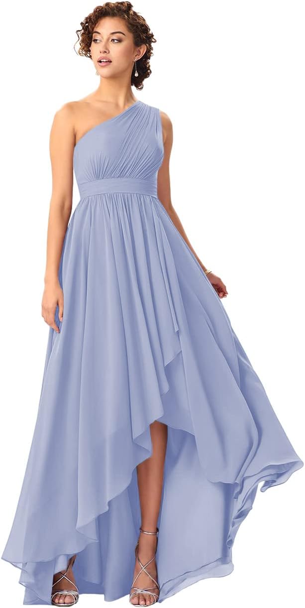Women's One Shoulder Bridesmaid Dresses High Low Chiffon Formal Party Gowns with Pockets