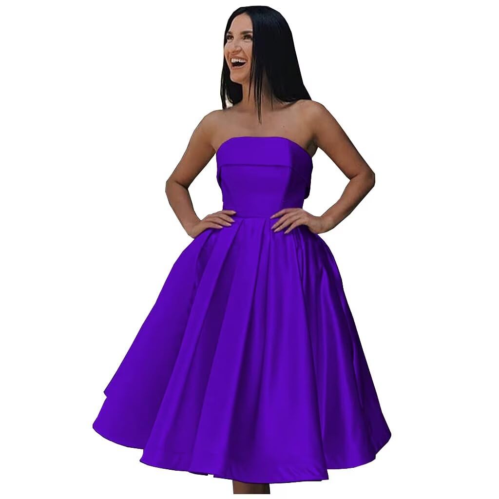 Tea Length Satin Cocktail Party Dresses for Women, Strapless Formal Evening Prom Gown Homecoming Graduation Dresses