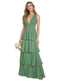 V Neck Chiffon Bridesmaid Dresses for Women 2027 Long Tiered A-Line Ruffles Formal Evening Party Dress