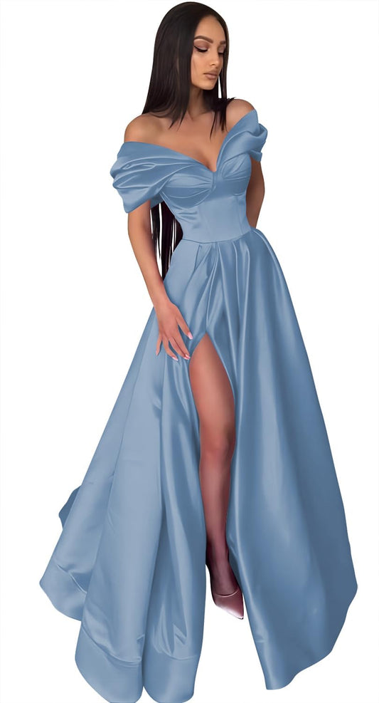 Vestidos de fiesta largos con escote en forma de corazón y hombros descubiertos para mujer, con bolsillos, pliegues, satén, vestidos de noche formales con abertura 
