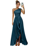 One Shoulder Bridesmaid Dresses for Women Satin Pleated Long A Line Formal Prom Evening Party Dress with Slit