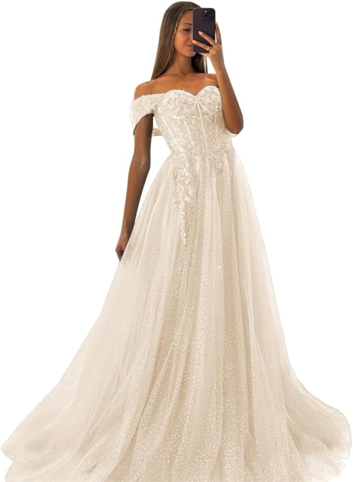 Off The Shoulder Tulle Prom Dresses 2027 Lace Applique A Line Long Sparkly Formal Evening Party Gowns