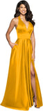 Womens Satin Prom Dresses Long with Slit Halter Evening Formal Gowns for Women with Pockets