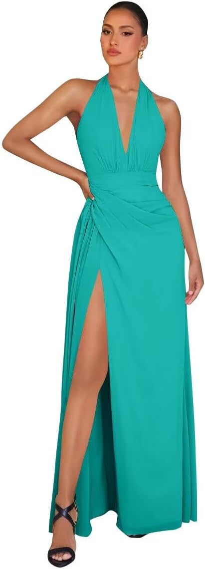 Chiffon Bridesmaid Dresses for Women Long Halter A-line Formal Dress with Slit 2026 Pleated Evening Party Gowns