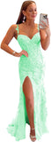 Women's Lace Mermaid Prom Dresses Long with Slit Mermaid Spaghetti Straps Backless Formal Evening Gowns