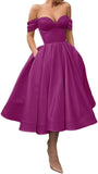 A Line Off Shoulder Prom Dresses for Women Satin Tea Length Cocktail Party Dresses with Pockets
