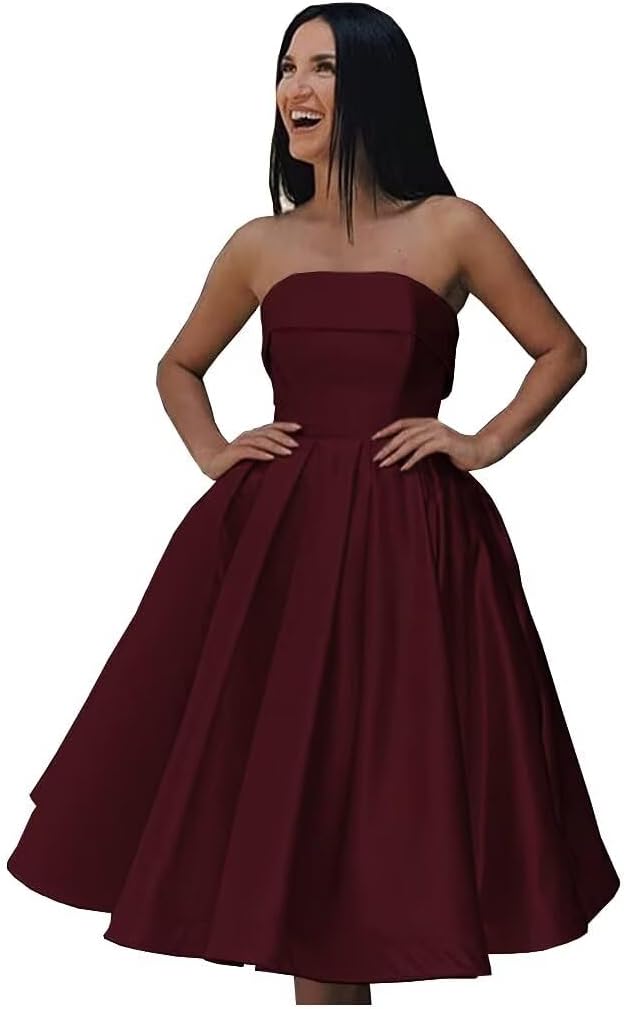 Tea Length Satin Cocktail Party Dresses for Women, Strapless Formal Evening Prom Gown Homecoming Graduation Dresses