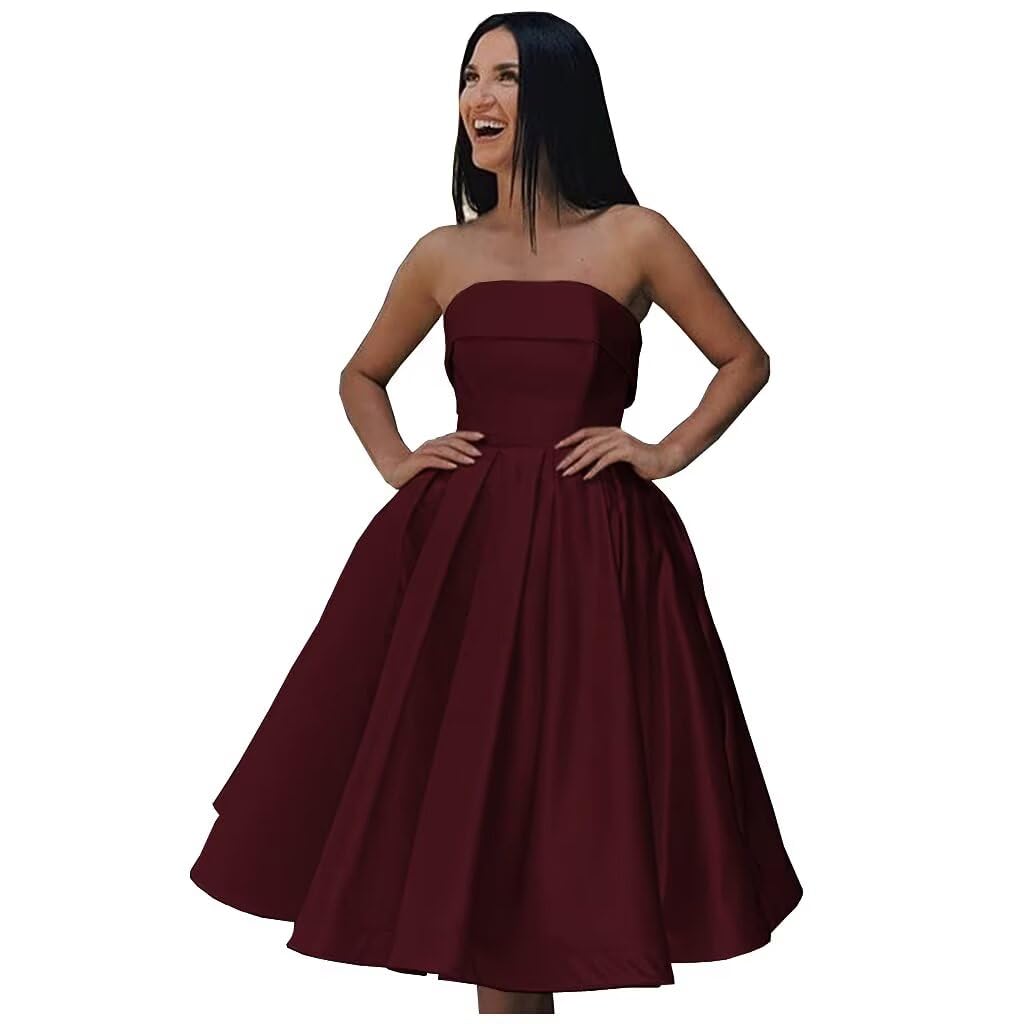 Tea Length Satin Cocktail Party Dresses for Women, Strapless Formal Evening Prom Gown Homecoming Graduation Dresses