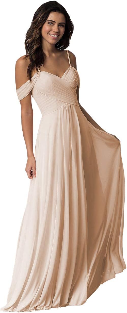 Schulterfreies Chiffon-Brautjungfernkleid mit Taschen für die Hochzeit 