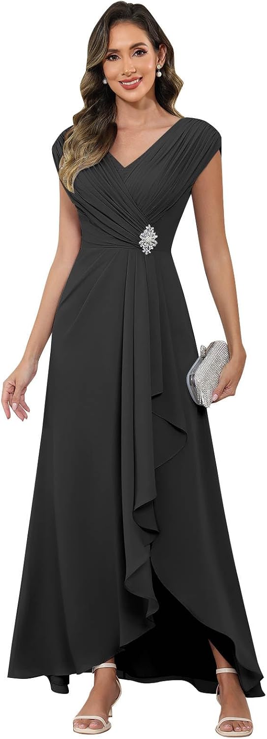Cap Sleeve Mother of The Bride Dresses Chiffon V Neck Beaded Ruffles A Line Long Formal Evening Dress