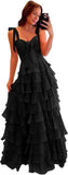 Tiered Prom Dresses with Bow Long A-Line Chiffon Formal Evening Dress for Women Spaghetti Straps Slit Ball Gown