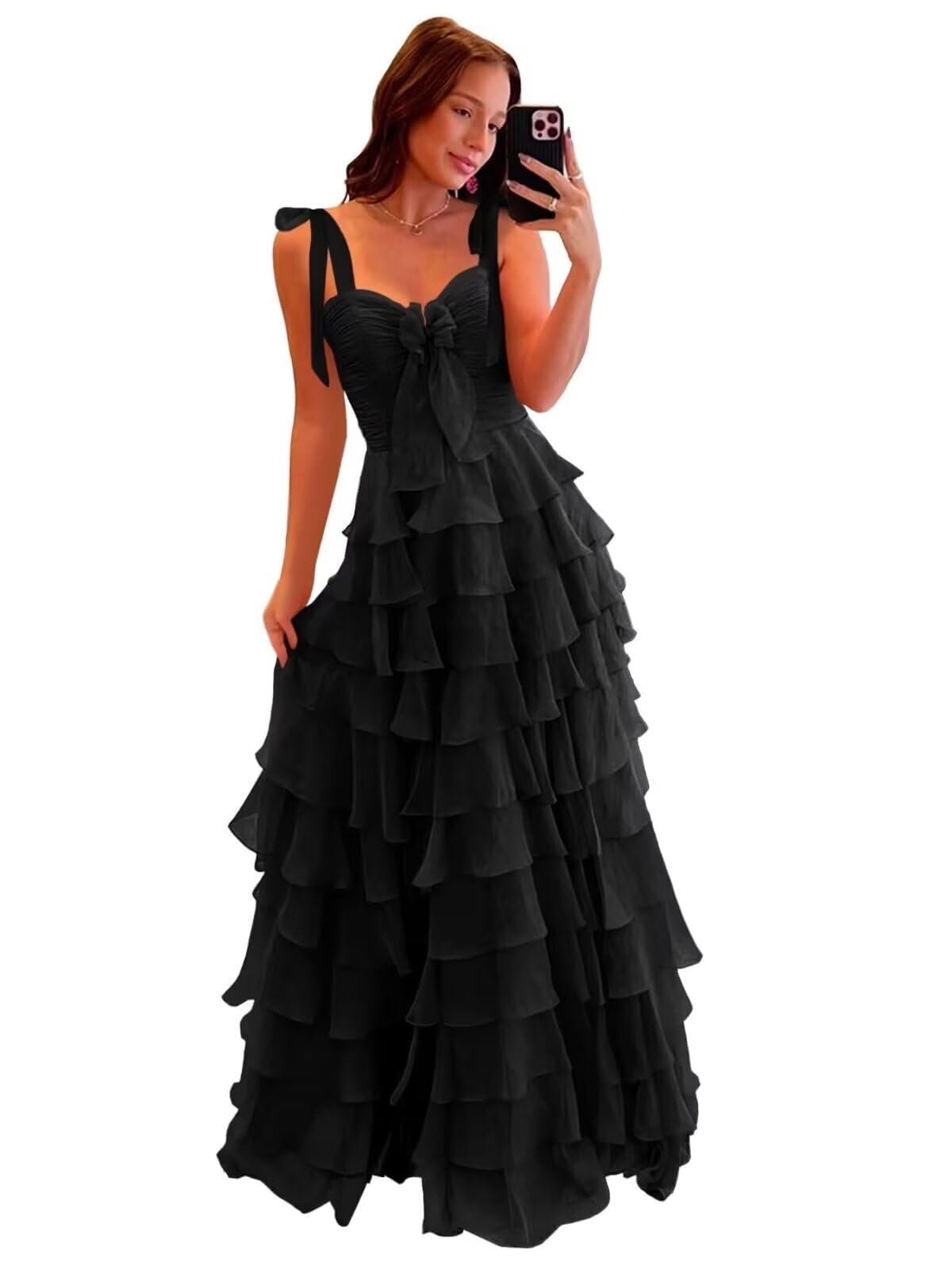 Tiered Prom Dresses with Bow Long A-Line Chiffon Formal Evening Dress for Women Spaghetti Straps Slit Ball Gown
