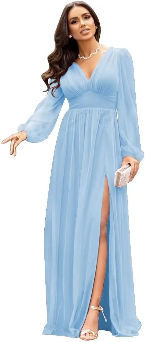 Langärmlige Brautjungfernkleider für Hochzeiten, V-Ausschnitt, formelles Kleid mit Schlitz, Chiffon-Ballkleid