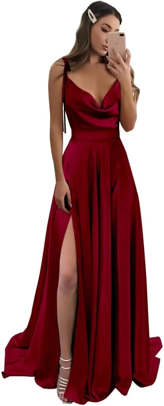 Vestidos de fiesta largos de satén con abertura alta para mujer, 2024, tirantes finos ajustables, vestidos de fiesta formales con bolsillos 