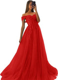 Off The Shoulder Tulle Prom Dresses 2027 Lace Applique A Line Long Sparkly Formal Evening Party Gowns