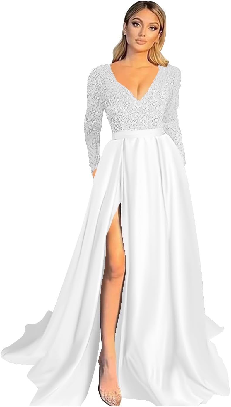 Vestido de fiesta de satén con lentejuelas brillantes para mujer, con bolsillos, manga larga y abertura. 