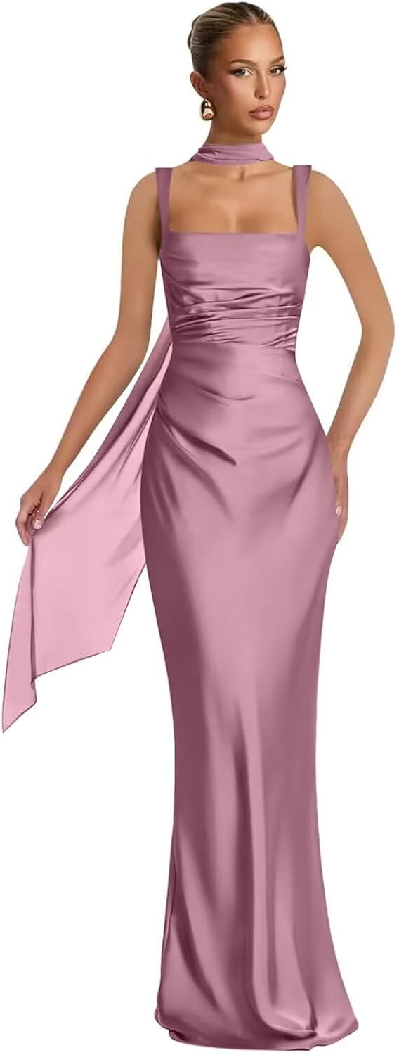 Mermaid Bridesmaid Dresses with Scarf 2027 Long Satin Spaghetti Straps Ruched Formal Evening Party Dress for Women
