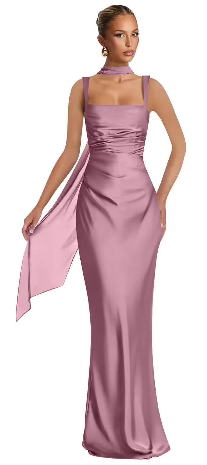 Mermaid Bridesmaid Dresses with Scarf 2027 Long Satin Spaghetti Straps Ruched Formal Evening Party Dress for Women