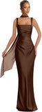 Mermaid Bridesmaid Dresses with Scarf 2027 Long Satin Spaghetti Straps Ruched Formal Evening Party Dress for Women