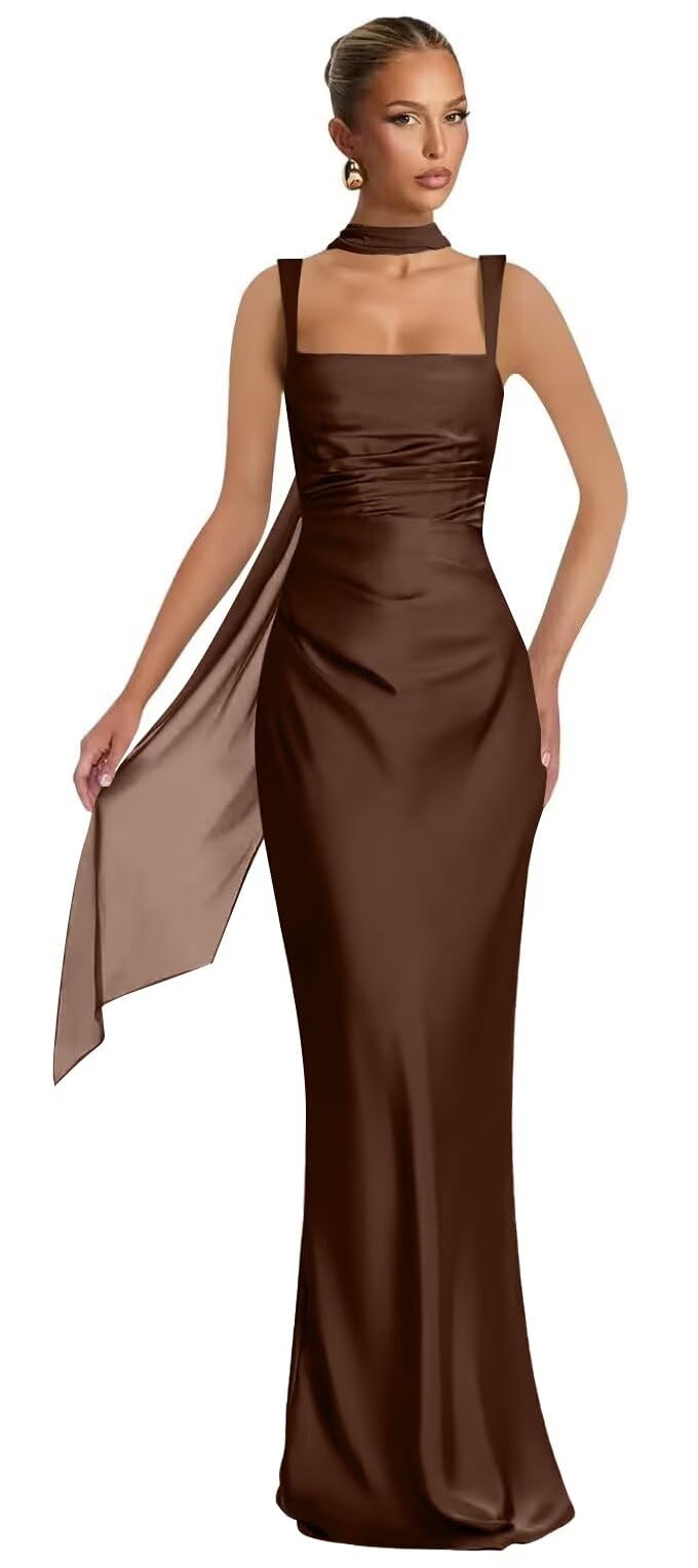 Mermaid Bridesmaid Dresses with Scarf 2027 Long Satin Spaghetti Straps Ruched Formal Evening Party Dress for Women
