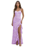 Spaghetti Straps Floral Embroidery Mermaid Prom Dress 2026 Long Corset Formal Evening Gowns with Ruffle Slit